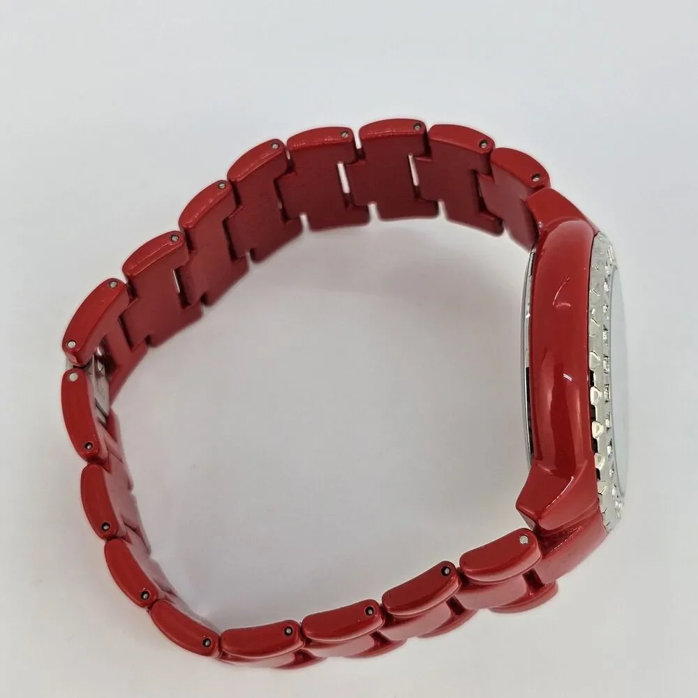 40MM Women's Watch White Dial Gemmed Bezel Red Metal Bands 7.5